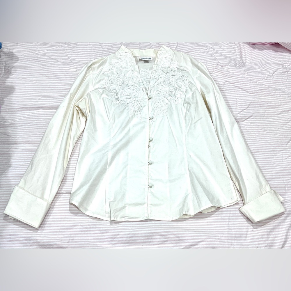 Coldwater Creek Cream Button Down Shirt with Floral Details